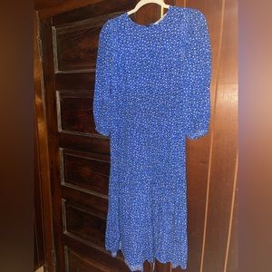 Blue polka dot midi dress.